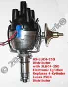 HS25D4 Electronic Vacuum-advance Distributor with 3LUC4-25D electronic ignition replaces 23D4, 25D4 Lucas 4-cylinder vacuum-advance distributors