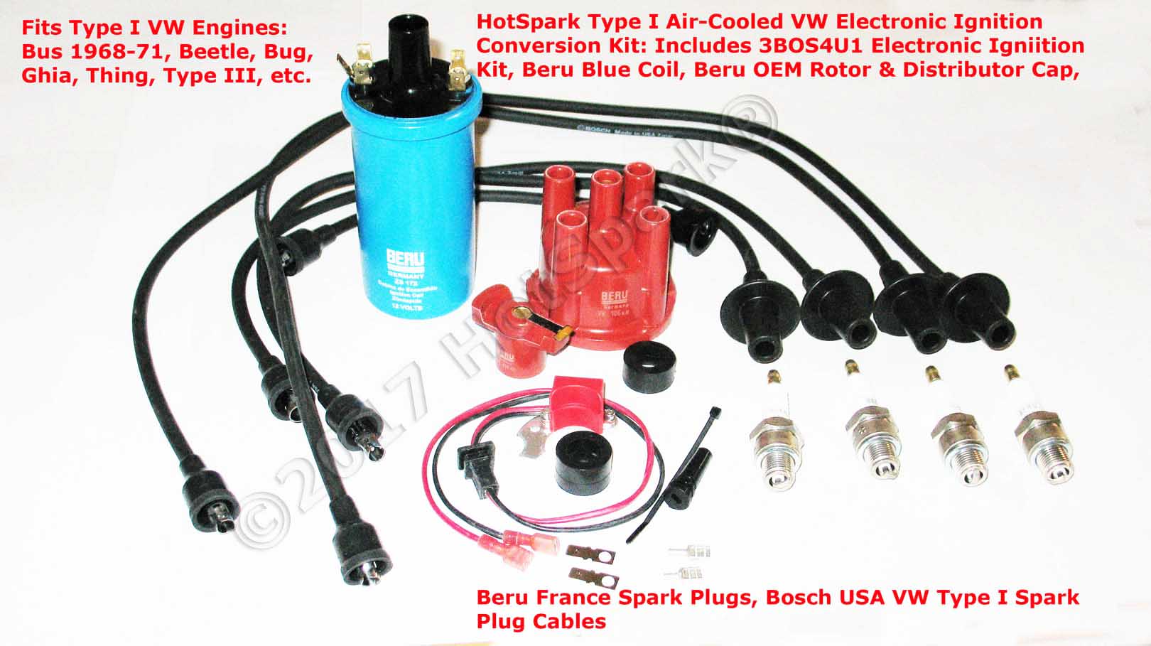 HotSpark 3BOS4U1 Electronic Ignition Conversion Kit plus BeruGermany Blue Coil, Beru France Spark Plugs, Bosch USA Spark Plug Wire Combo